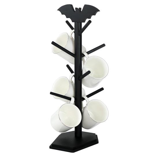 A black metal mug tree stand with a bat-shaped top and multiple branches holding white ceramic mugs, shown on a plain white background.