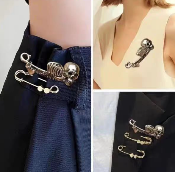Reliquary skull brooch in antiqued metal finish, product view