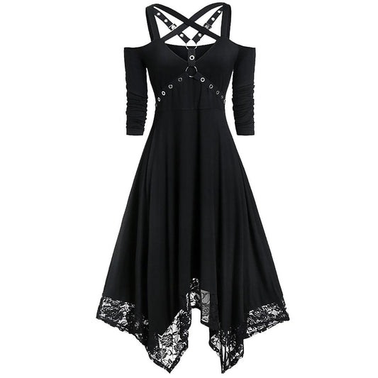 Rivenlace Asymmetric Lace-Trim Dress in black
