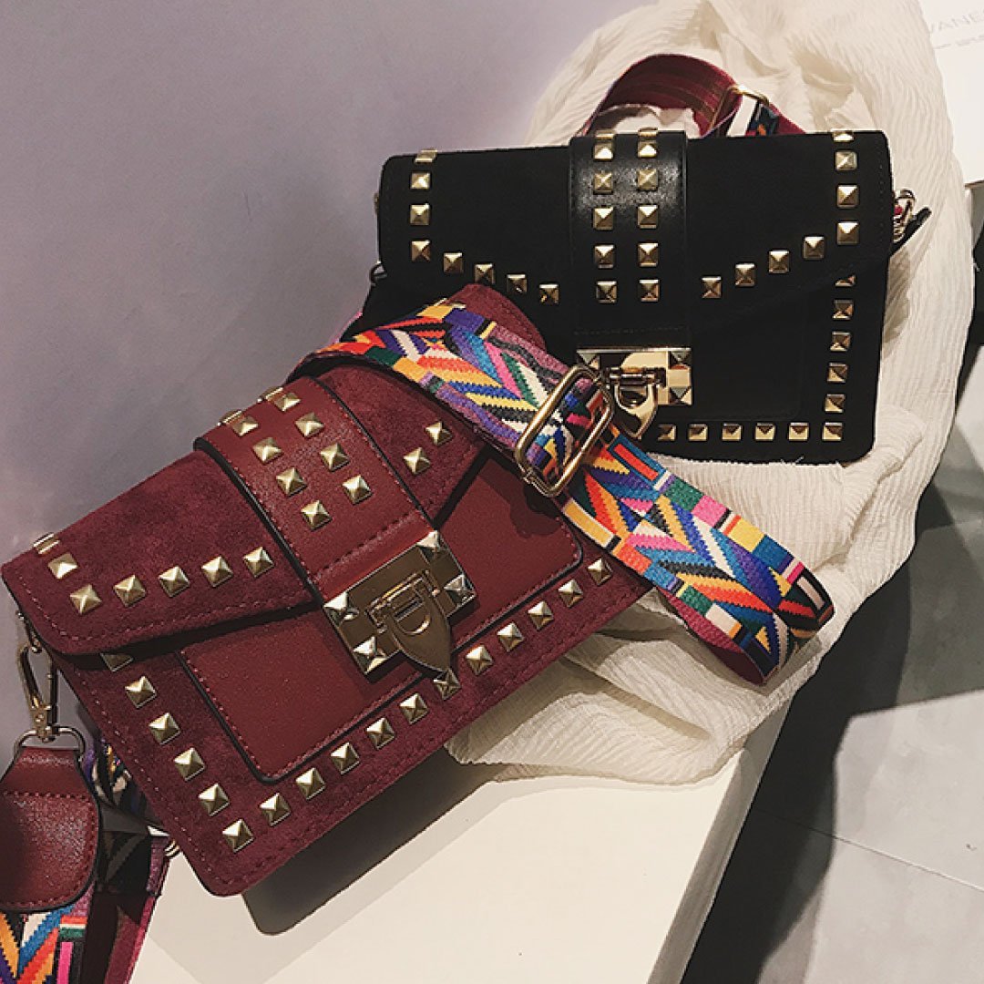 Rook Studded Velvet Crossbody Bag in black and red, colour comparison