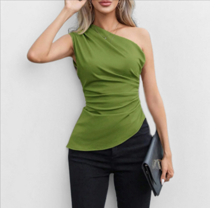 Severance Asymmetric Vest Top in green, front styling view