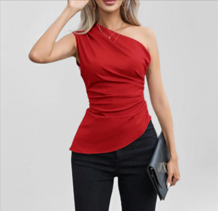 Severance Asymmetric Vest Top in red, front styling view