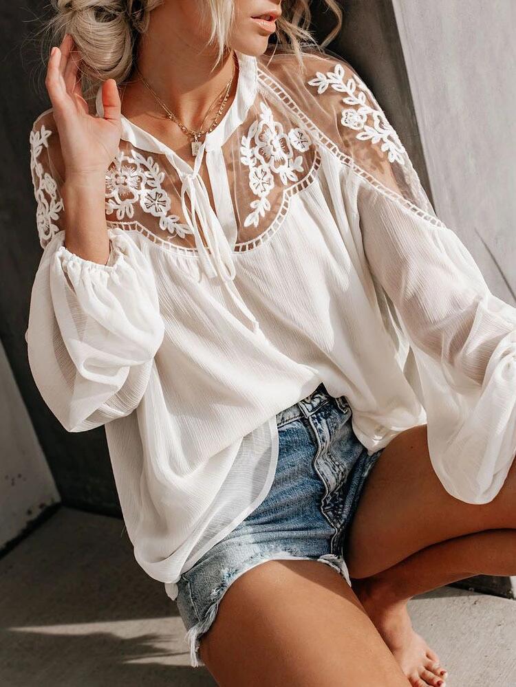 Widow's Veil Lace Blouse in white, front styling view